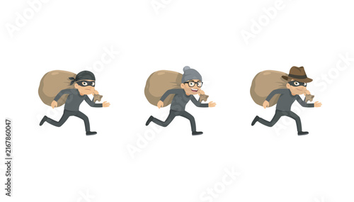 Bild auf Leinwand Three cartoon robbers with different headwear running with stolen money bags over their shoulders on white background