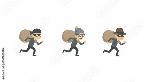 Photography Three running cartoon robbers wearing masks and hats carrying big brown money bags