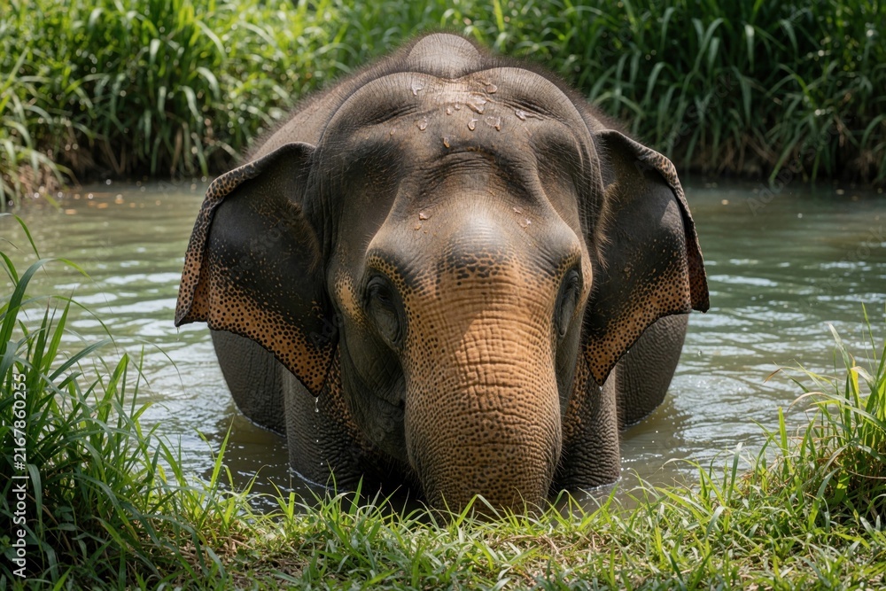 Naklejka premium Sumatran elephant calf stands in shallow water near grassy bank. Gentle giant drinks from calm river surrounded by green foliage. Wild animal enjoys refreshing bath in natural habitat.