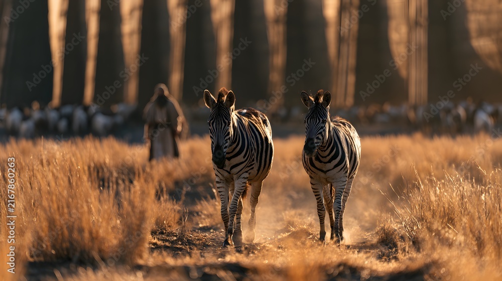 Naklejka premium Two zebras walking in golden light toward noahs ark at sunset with herd and builder in biblical landscape
