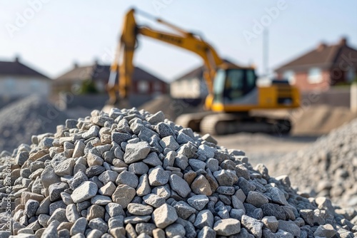A pile of crushed stone in the foreground with an out of focus excavator at a residential site.