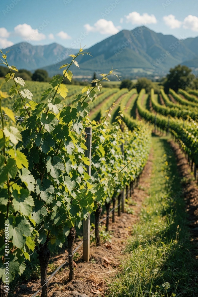 Naklejka premium Rows of green grapevines stretch across a sunny landscape towards distant mountains. Rich foliage grows on plants in a field. Vineyard plants spread in neat lines under blue sky.