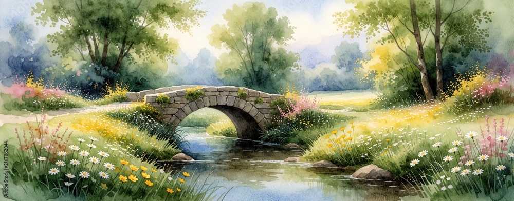 Fototapeta premium Tranquil watercolor painting of small stone bridge over calm stream. Green trees, colorful wild flowers grow near water. Serene nature landscape with soft light, dreamy atmosphere. Peaceful garden