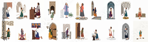 Bild auf Leinwand Collection of Illustrations Showing Women in Various Religious and Historical Ar