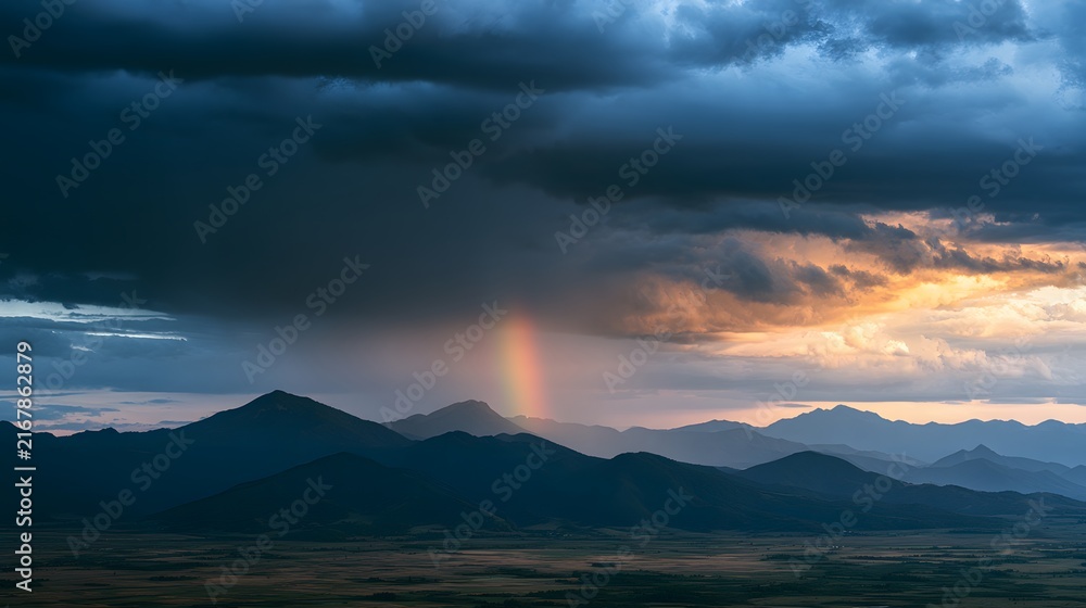Obraz premium A small rainbow arc appears above rugged mountain silhouettes during a stormy, golden hour sunset