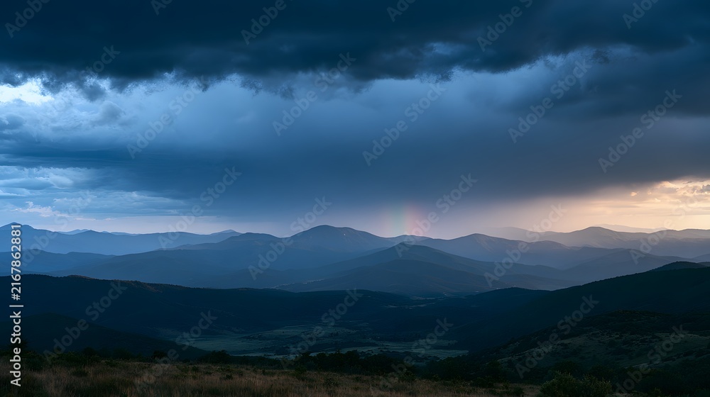 Naklejka premium A faint rainbow segment illuminates the dark, moody mountain landscape under heavy storm clouds at dusk