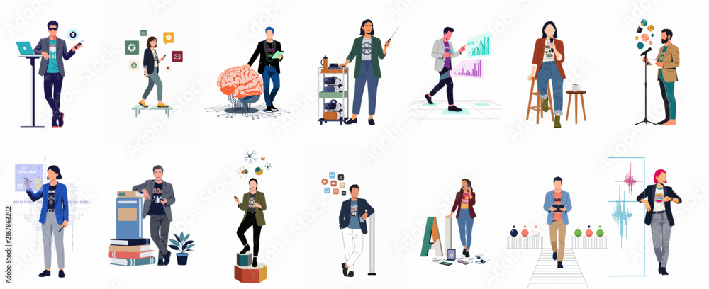 Fototapeta premium Collection of Diverse Professional Characters Engaged in Modern Work, Technology, Science, and Creative Activities Flat Vector Illustrations.