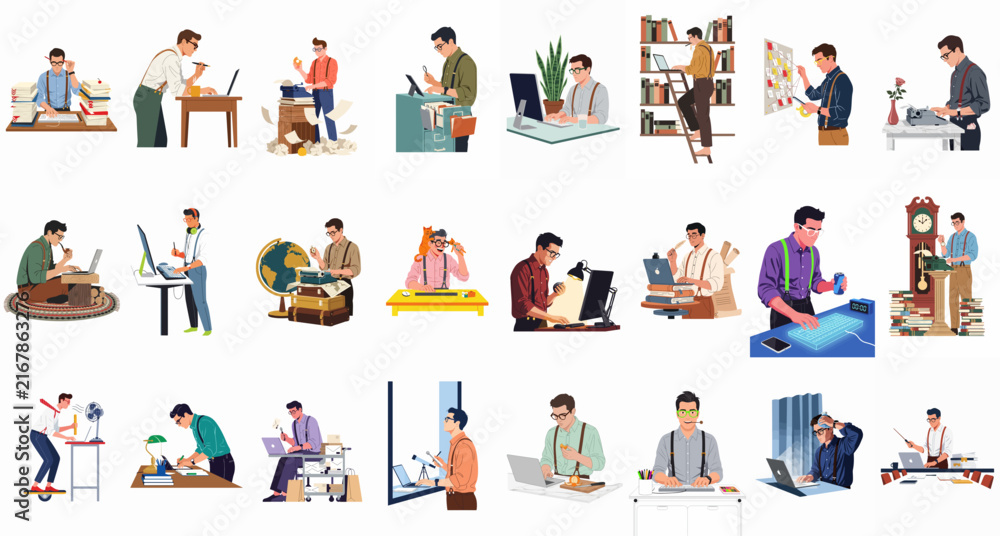 Fototapeta premium Collection of diverse male characters working, studying, and engaged in creative activities in various office and home office settings, flat illustration style.
