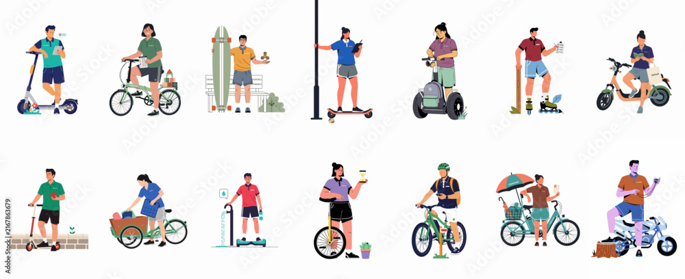 Fototapeta premium Diverse collection of people using various personal transportation methods like scooters, bicycles, skateboards, and electric vehicles in a flat illustration style.