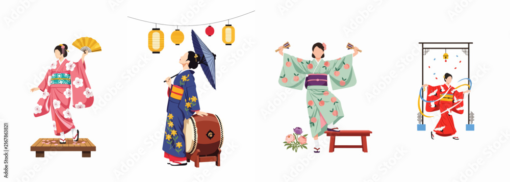 Fototapeta premium Japanese Women in Traditional Kimono with Cultural Elements: Fans, Umbrellas, Drums, and Lanterns Illustration Set
