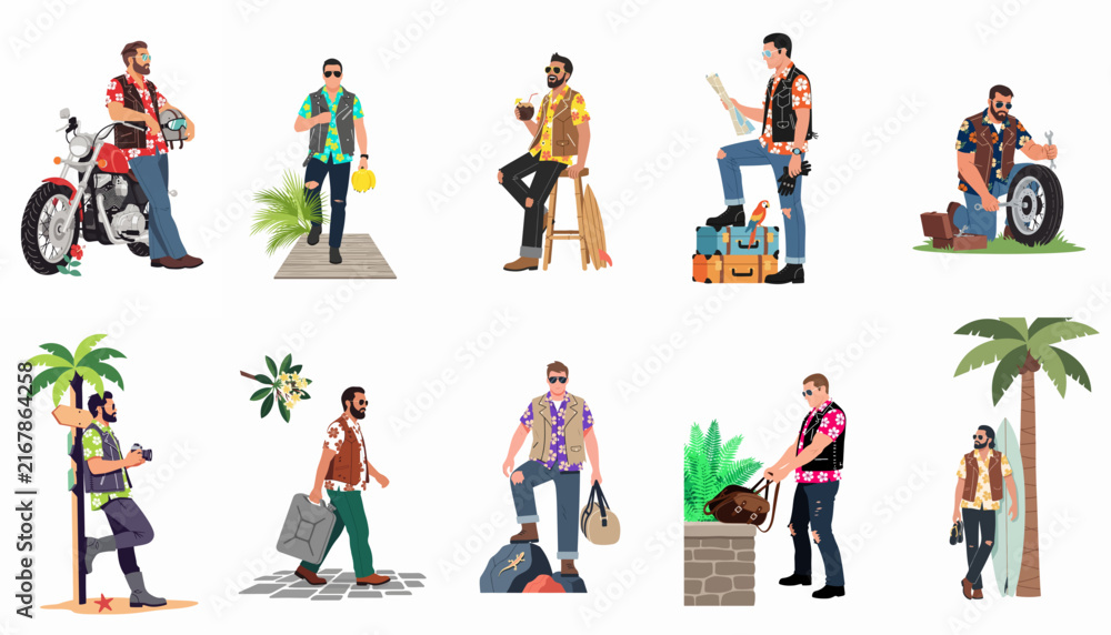 Fototapeta premium Diverse collection of vector illustrations featuring rugged men in various poses including biking, traveling, and beach activities on a white background.
