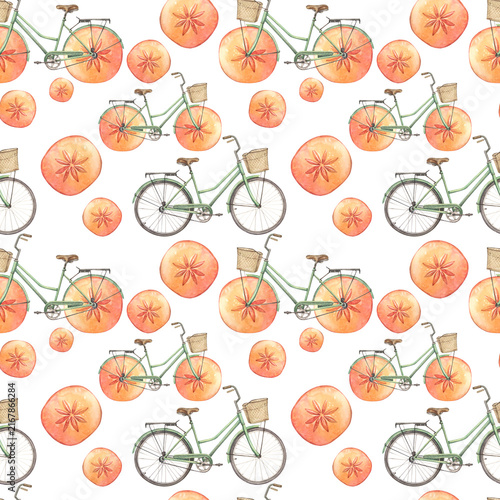 Konstfotografi Watercolor seamless pattern with hand-drawn bicycle with wheel - orange persimmon fruit slice on white background