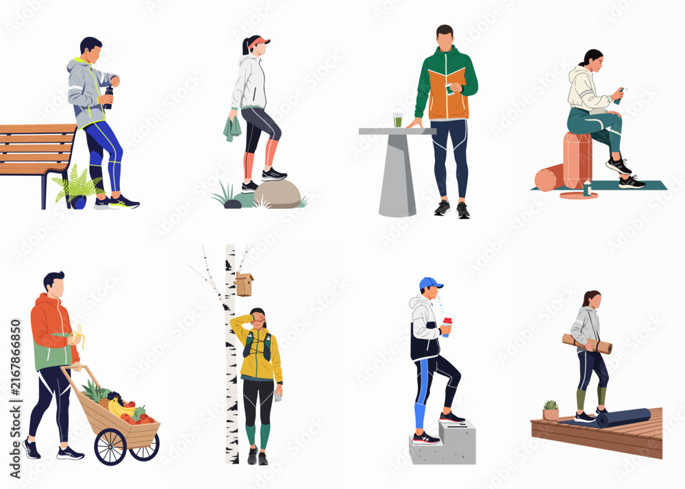Fototapeta premium Diverse flat vector characters performing various outdoor, fitness, and lifestyle activities including hiking, gardening, and traveling, isolated on a clean white background.