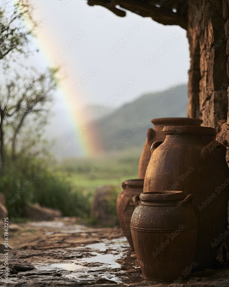 Obraz premium Traditional clay jars on a wet stone floor with a rainbow over a green valley