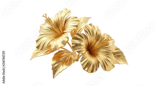 Pair of golden hibiscus flowers 3D render isolated on white background