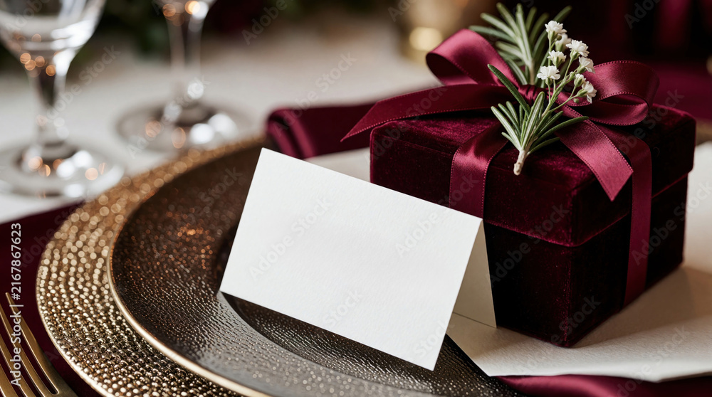 Fototapeta premium Elegant table setting features velvet gift box with ribbon and rosemary. Blank name card sits on charger plate. Formal event, dinner, or wedding reception detail.