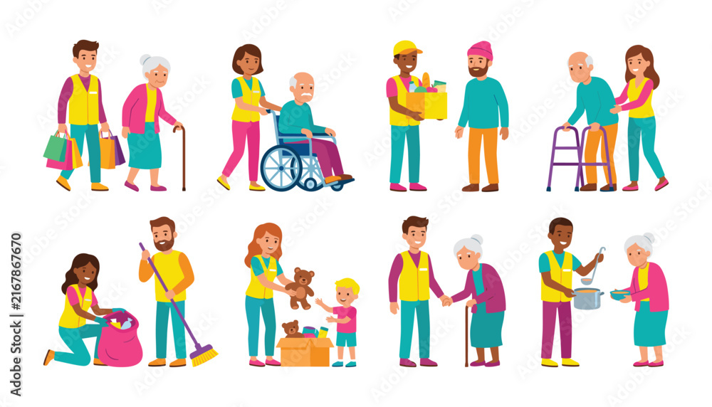 Fototapeta premium Volunteering and Social Care Vector Character Set Featuring Volunteers Helping Elderly People with Groceries Wheelchairs Cleaning Soup Kitchen and Donation Activities