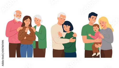 Foto Sad Crying Sadness Family Vector Set with Mourning Relatives Comforting and Hugg