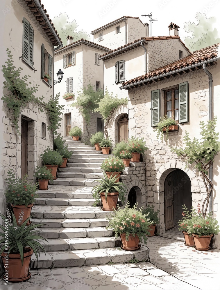 Obraz premium Line art drawing of old European village street. Stone stairs lead between historic buildings with flower pots, plants. Mediterranean style architecture shows narrow alley with climbing plants,