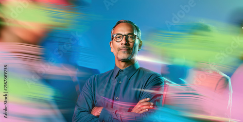 Professional Man Standing Out Amid Dynamic Pink Blue Green Crowd Blur