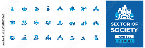 Demographic groups and public welfare system flat icons set for community building and governmental services.