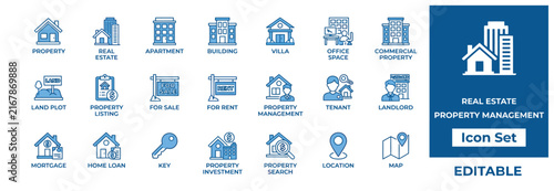 Real estate property management icon set featuring blue line art graphics for residential and commercial housing business.