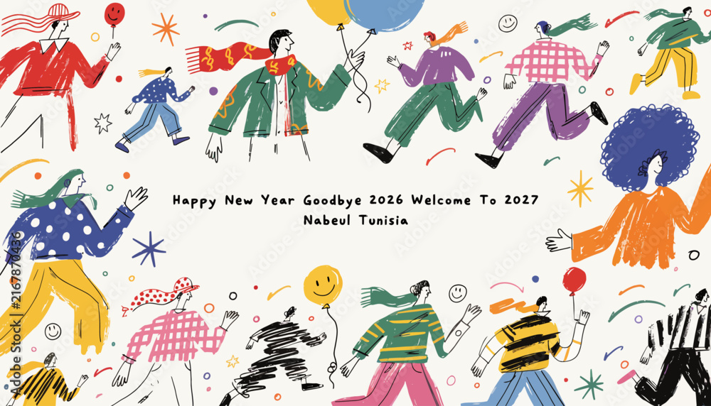 Obraz premium Happy New Year Goodbye 2026 Welcome 2027 Celebration with Diverse People, Balloons, Confetti - Nabeul Tunisia