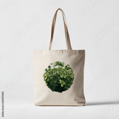 Eco Friendly Canvas Tote Bag with Green Plant Sphere Graphic Sustainable Living Concept Photo