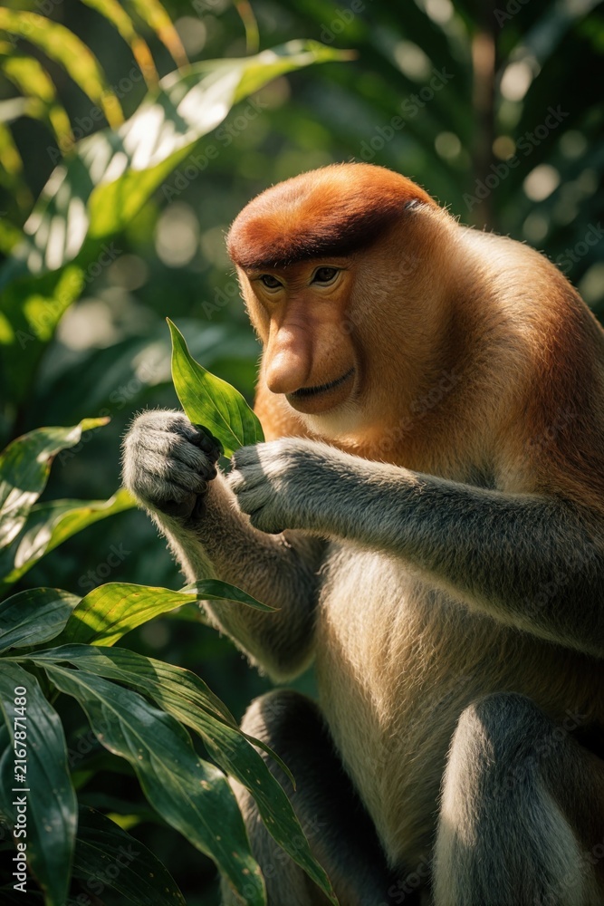 Naklejka premium Proboscis monkey sits among lush green leaves holding a plant. This primate has a distinctive large nose and lives in the Borneo rainforest. Animal looks thoughtful.