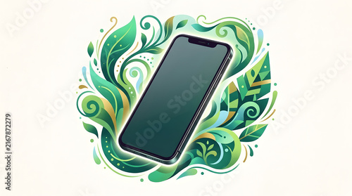 Smartphone device mockup featuring vibrant green organic leaf foliage patterns for eco friendly mobile app branding.