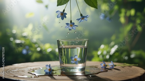 Glass of Fresh Water with Blue Blooming Flowers on Wooden Tree Stump