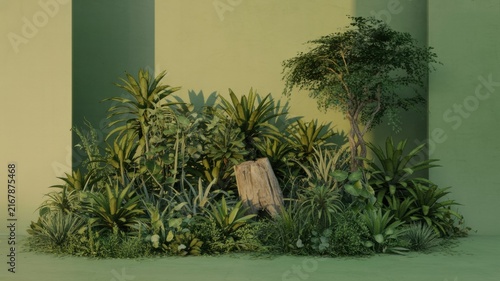 3D Render of Tropical Garden with Palm Trees, Stump and Miniforests Near Green Wall with Sunlight