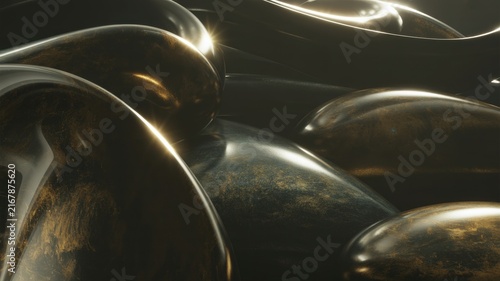 Abstract Glossy Black and Gold 3D Render with Smooth Curves, Metallic Reflections, and High Contrast Lighting