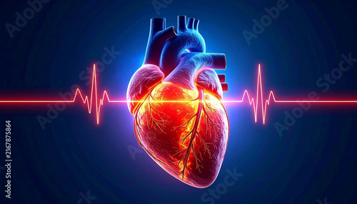 Anatomical heart with an electrocardiogram line on a dark background medical representation of health