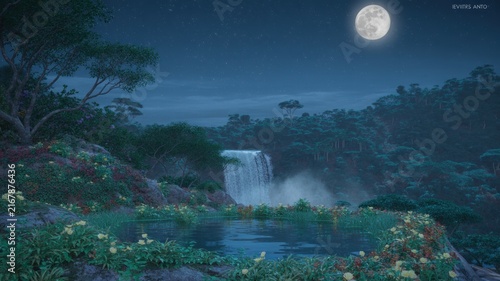 Magical Moonlit Waterfall in Enchanted Forest with Mystical Night Atmosphere