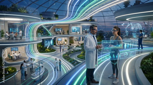 Futuristic Healthcare Facility with Digital Interfaces
