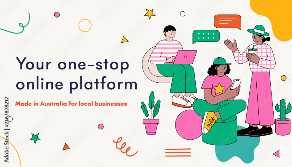 Fototapeta premium Diverse people collaborating on an online platform, promoting local Australian businesses with modern illustration