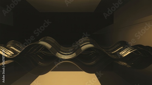 Elegant Twisted Golden Ribbon Wavy Wave Abstract Wireframe Rendering Dark Modern Background