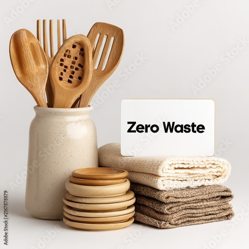 Bamboo Kitchen Utensils with Zero Waste Card Eco Friendly Kitchen Concept Photo