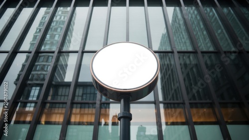 Abstract Modern Street Lamp in Foreground of Glassy City Building Architecture Ceiling