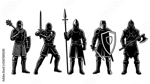 Medieval Knights in Full Armor with Weapons