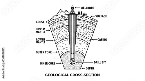 Geological Cross-Section of Earth Layers and Wellbore