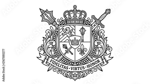 Heraldic Emblem with Crown, Swords, and Banner
