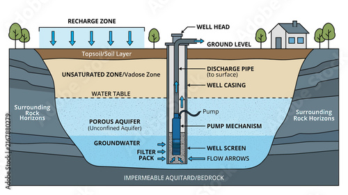 Groundwater Well Diagram: Water Extraction and Aquifer Layers