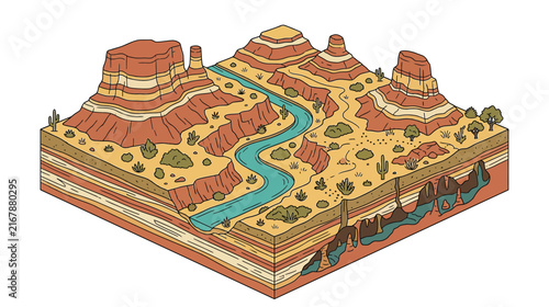 Isometric Canyon Landscape with River and Geological Layers