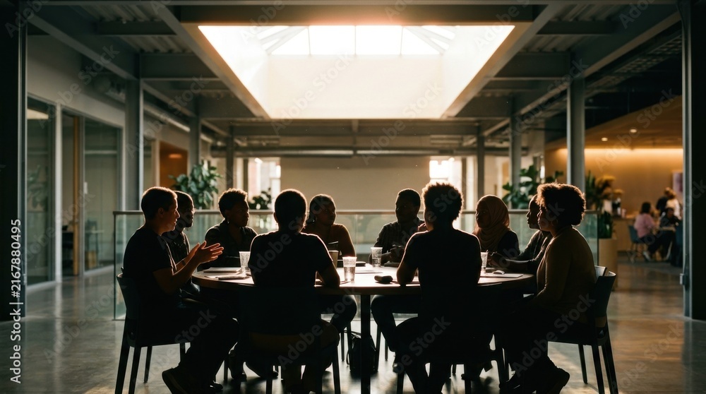 Fototapeta premium Silhouette of a Business Meeting Around a Conference Table.