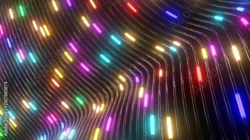 Multicolored Glow Light Packets Ascend Along Curved AI Network Fibers - 4K Seamless VJ Loop Motion Background Animation