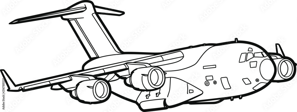 Obraz premium Detailed Line Art Illustration of a Military Cargo Transport Aircraft Design