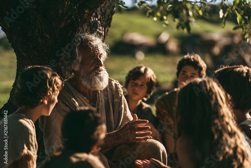 Wise old man with a beard gesturing while speaking to a group of attentive children outdoors