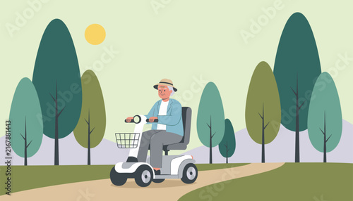 Elderly woman riding a modern white mobility scooter down a park path surrounded by green forest trees.